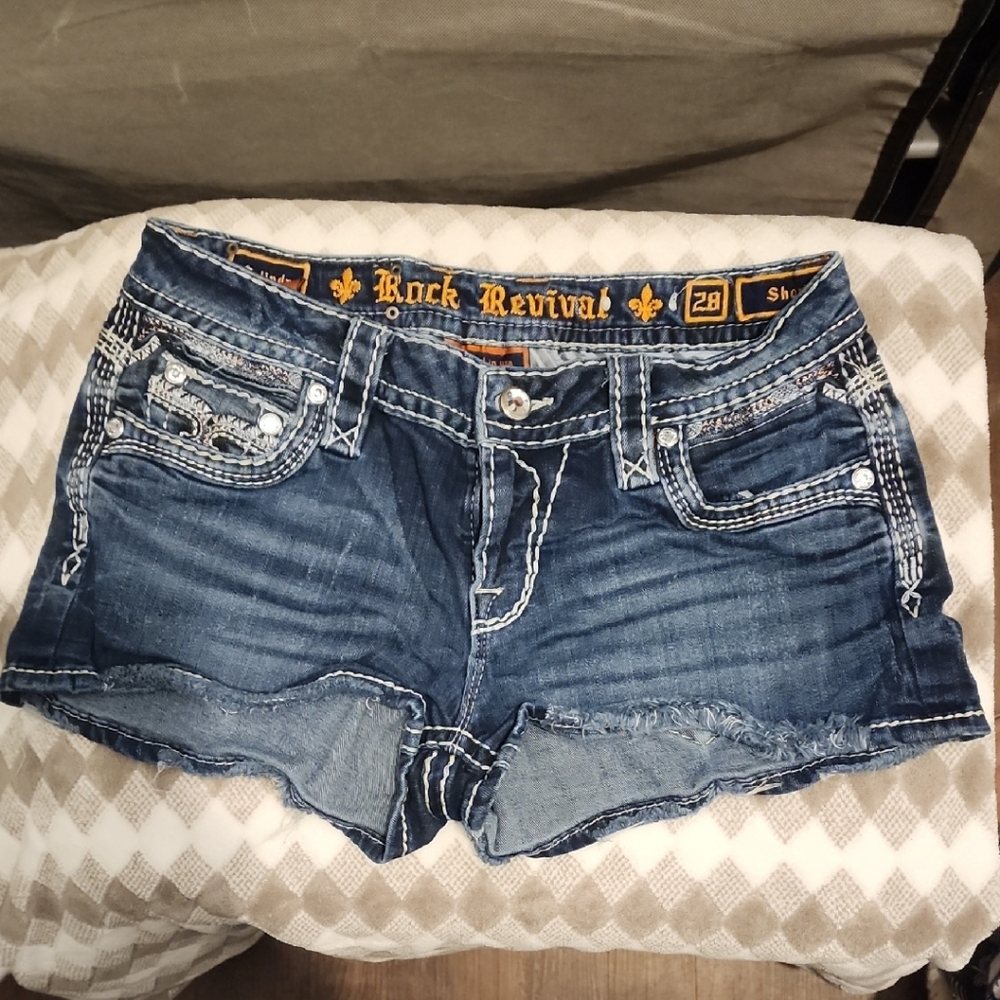 Rock Revival Blue Jean Shorts with Distressed Hem and Decorative Stitching
